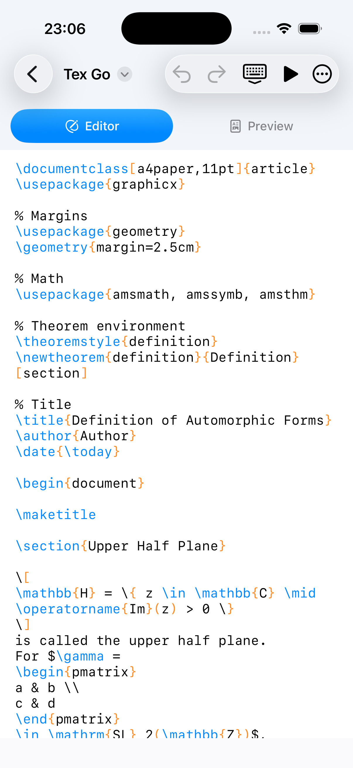 TeX Go on iPhone, editing LaTeX source.